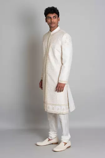 Off white raw silk sherwani