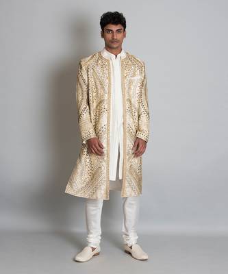 Off white raw silk hand embroidered sherwani 1