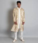 Off white raw silk hand embroidered sherwani