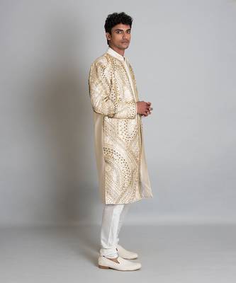 Off white raw silk hand embroidered sherwani 2
