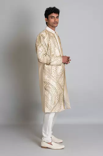 Off white raw silk hand embroidered sherwani