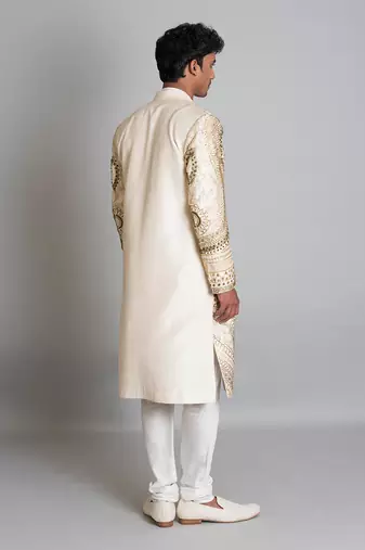 Off white raw silk hand embroidered sherwani