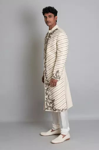 Off white matka silk sherwani