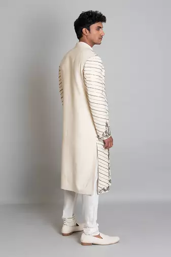 Off white matka silk sherwani