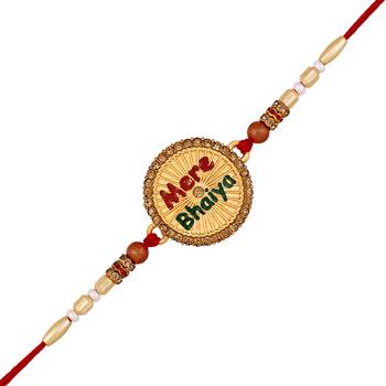 Stefan matt gold plated "mere bhaiya" engraved meenakari work rakhi for brother (racj100126) 1