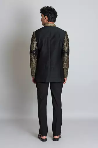 Black raw silk bandhgala