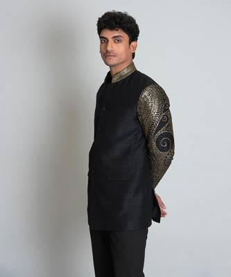 Black raw silk bandhgala 3