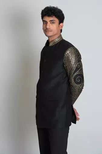 Black raw silk bandhgala