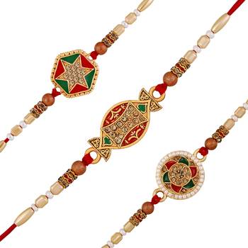 Stefan matt gold plated combo of 3 meena work & beads rakhis for bhai (raco001022) 1