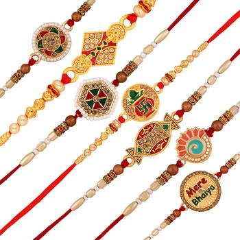 Stefan matt gold plated peacock shaped swastik kalash & "mere bhaiya" rakhi combo of 7 for bhai (raco001039) 1