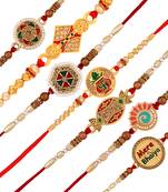Stefan matt gold plated peacock shaped swastik kalash & "mere bhaiya" rakhi combo of 7 for bhai (raco001039)