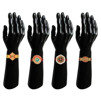 Stefan matt gold plated peacock shaped swastik kalash & "mere bhaiya" rakhi combo of 7 for bhai (raco001039) 2