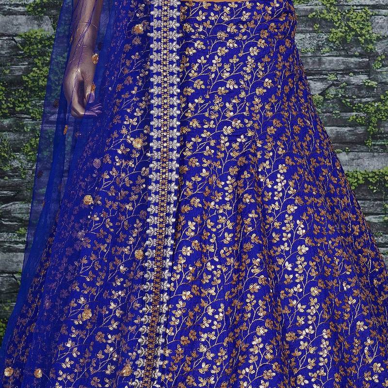 Royal Blue Zari And Heavy Sequins Embroidered Art Silk Lehenga Choli For Bride