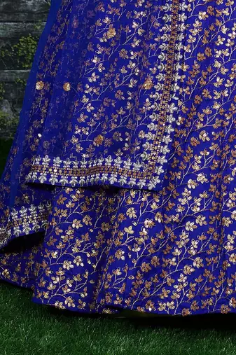 Royal Blue Zari And Heavy Sequins Embroidered Art Silk Lehenga Choli For Bride