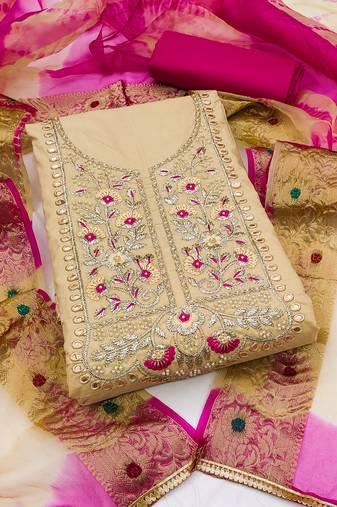 Kimisha women's beige cambric cotton hand work dress material