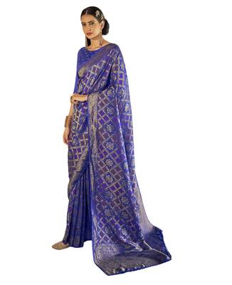 Blue printed silk blend saree with blouse 1