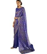 Blue printed silk blend saree with blouse