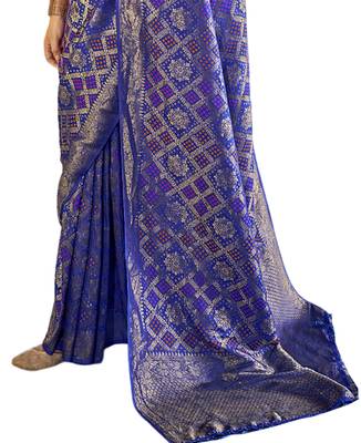 Blue printed silk blend saree with blouse 3