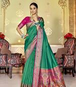 Sea green plain banarasi silk saree with blouse