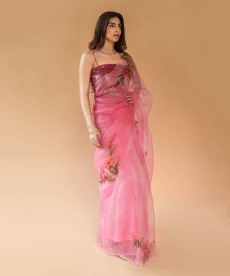 Salmon Pink Pure Silk Organza Hand Painted Saree Set 1