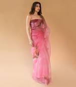 Salmon Pink Pure Silk Organza Hand Painted Saree Set