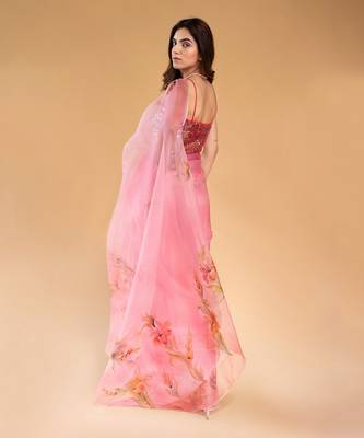 Salmon Pink Pure Silk Organza Hand Painted Saree Set 2