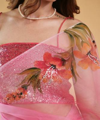 Salmon Pink Pure Silk Organza Hand Painted Saree Set 3