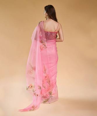 Salmon Pink Pure Silk Organza Hand Painted Saree Set 4