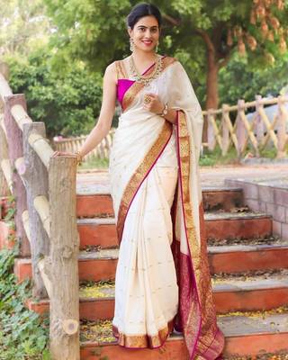 White Banarasi Silk Saree With Blouse Piece 4