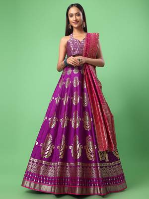 Purple woven jacquard semi stitched lehenga 1