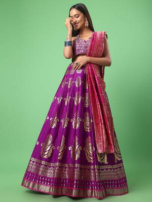 Purple woven jacquard semi stitched lehenga 2