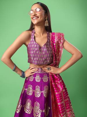 Purple woven jacquard semi stitched lehenga 4
