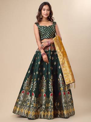 Dark-green woven jacquard semi stitched lehenga choli 1