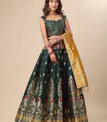 Dark-green woven jacquard semi stitched lehenga