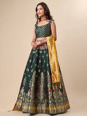 Dark-green woven jacquard semi stitched lehenga choli 2
