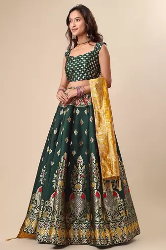 Dark-green woven jacquard semi stitched lehenga choli