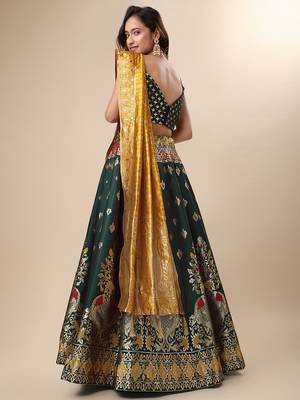 Dark-green woven jacquard semi stitched lehenga choli 3