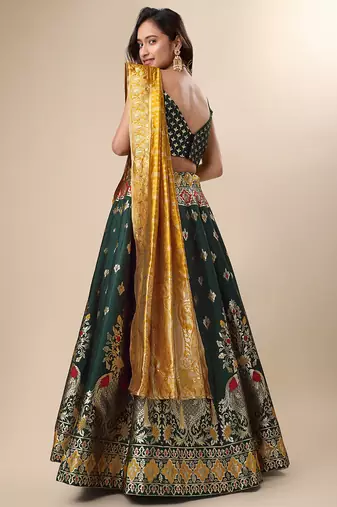Dark-green woven jacquard semi stitched lehenga choli