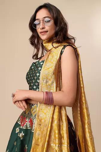 Dark-green woven jacquard semi stitched lehenga choli