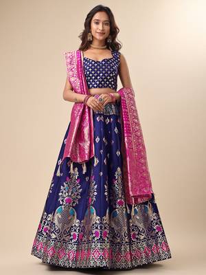 Dark-blue woven jacquard semi stitched lehenga choli 1