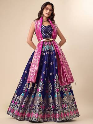 Dark-blue woven jacquard semi stitched lehenga choli 2
