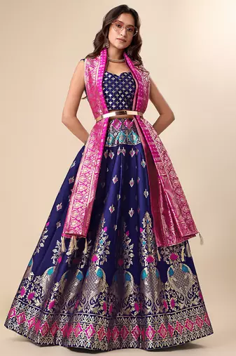 Dark-blue woven jacquard semi stitched lehenga choli