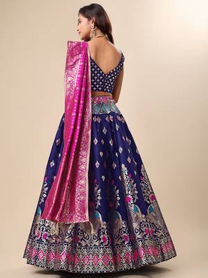 Dark-blue woven jacquard semi stitched lehenga choli 3
