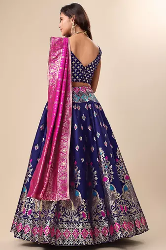 Dark-blue woven jacquard semi stitched lehenga choli