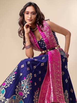 Dark-blue woven jacquard semi stitched lehenga choli 4