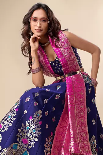 Dark-blue woven jacquard semi stitched lehenga choli