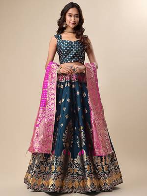 Dark-teal woven jacquard semi stitched lehenga 1