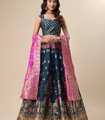 Dark-teal woven jacquard semi stitched lehenga