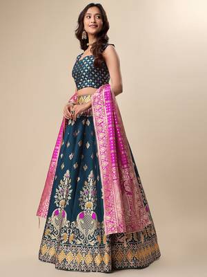 Dark-teal woven jacquard semi stitched lehenga 2
