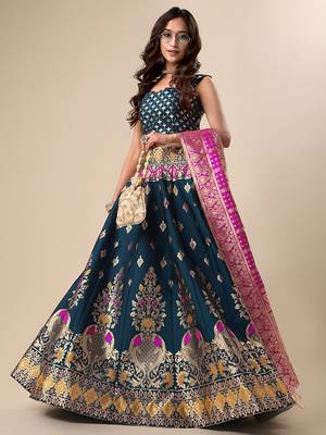 Dark-teal woven jacquard semi stitched lehenga 3
